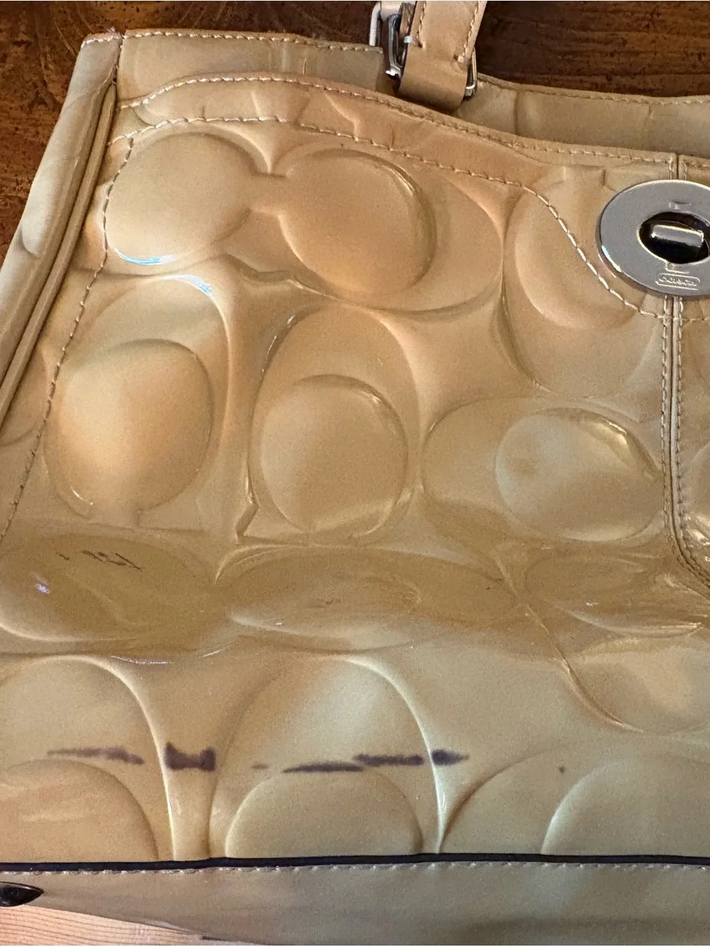 Coach Patent Leather Tote Handbag in Tan